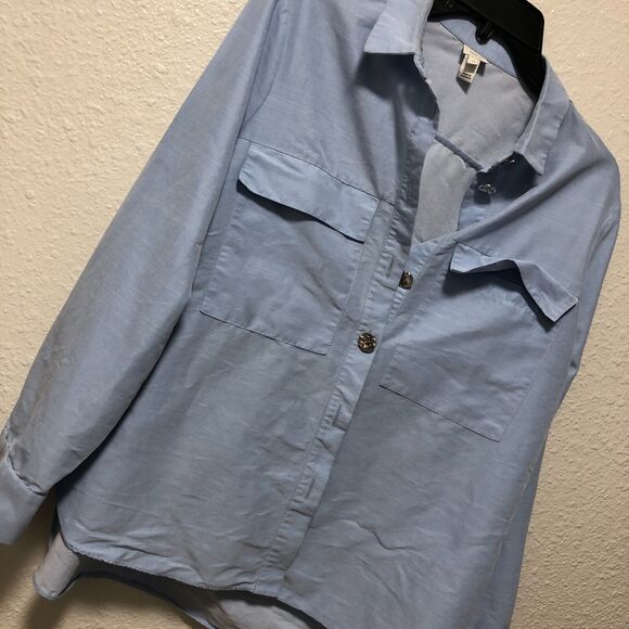 river island womens 14 top blue button up silver buttons large l pockets work tt - Picture 2 of 14